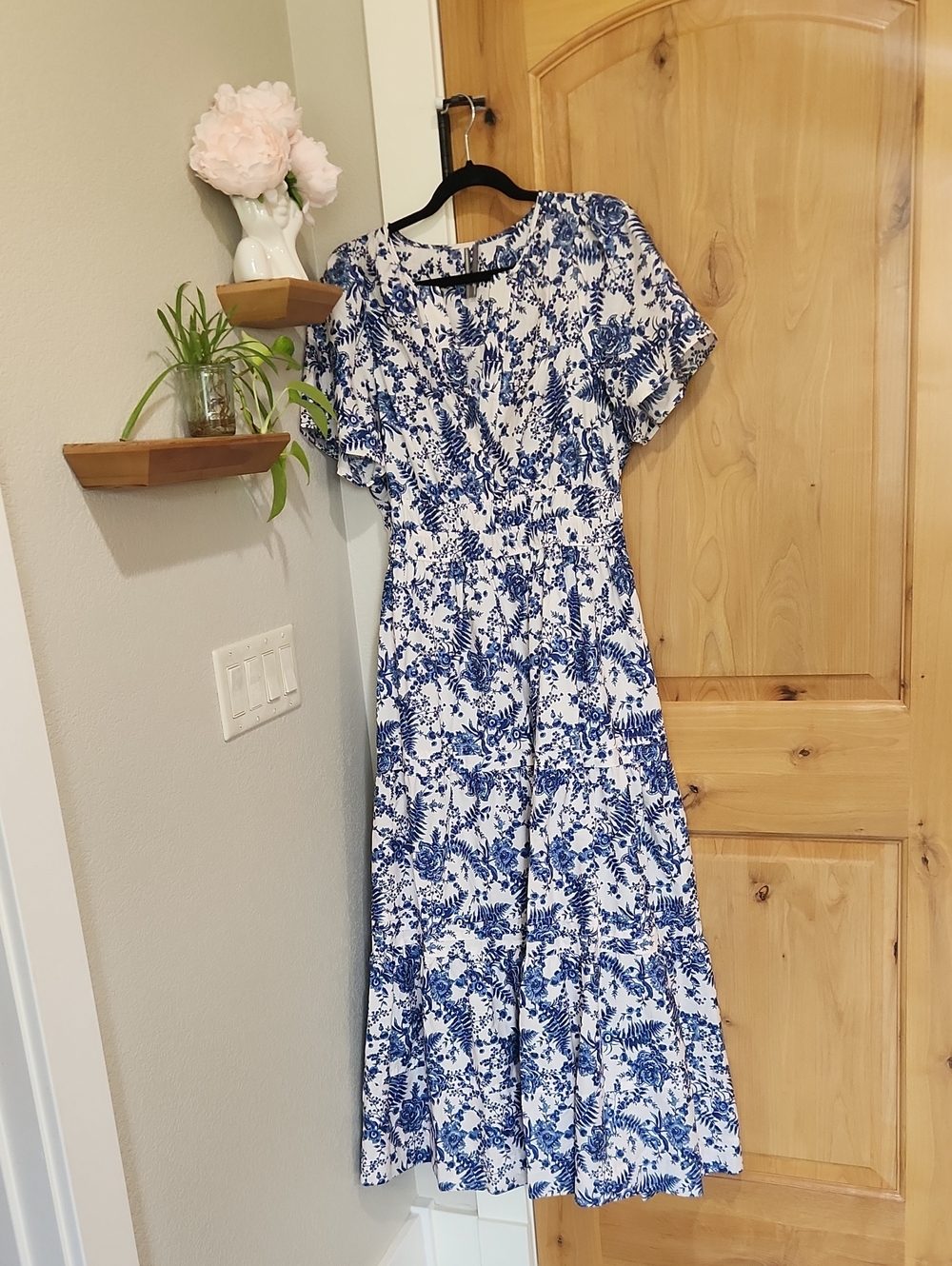 Anthropologie Blue and White Floral Tiered Maxi Dress